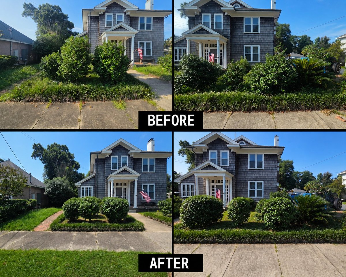 Before and after comparison of two homes showing landscaping improvements with manicured shrubs and enhanced curb appeal